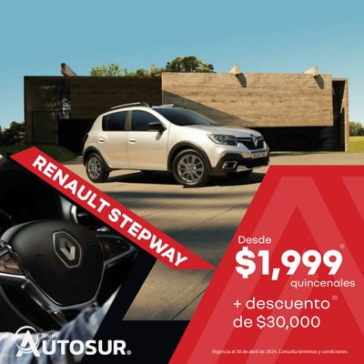 Renault Stepway: Desde $1,999 quincenales(1) + Descuento de $30,000 (2)