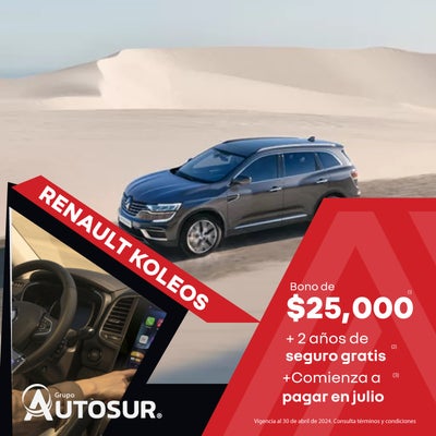 Renault Koleos: Bono de $25,000 (1) ó 2 años de seguro gratis (2)