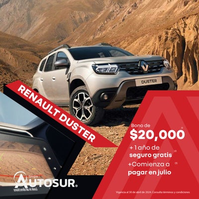 Renault Duster: Bono de $20,000 (1) + 1 año de seguro gratis (2)